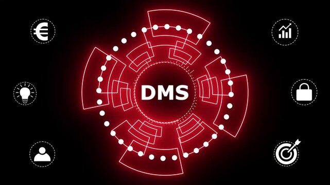 DMS Business, technology, Internet and network concept. glowing animation on black background. 4k motion graphics video.