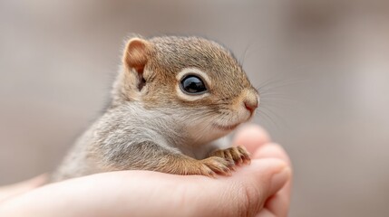 Fototapeta premium Gentle Squirrel Resting in Open Hand, Curiously Looking Around with Adorable Features and Soft Fur Texture