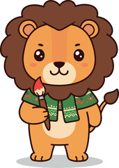 Cute Lion Artist With Brush and Scarf Vector Illustration