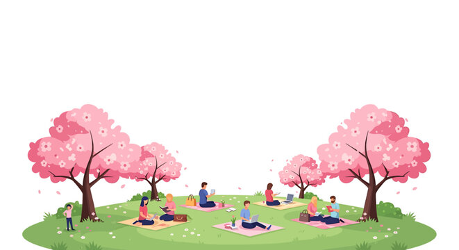 People enjoying a picnic under beautiful cherry blossom trees in a park. Vector Illustrations. EPS Editable