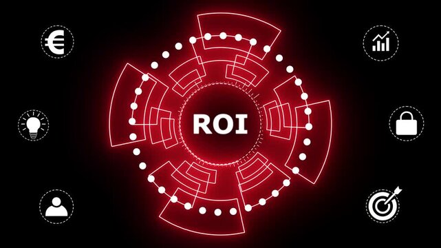 ROI Business, technology, Internet and network concept. glowing animation on black background. 4k motion graphics video.