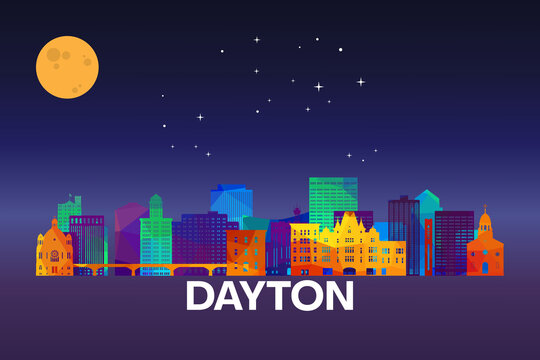 Colorful geometric illustration of Dayton, Ohio, USA skyline at night with moon and stars above.