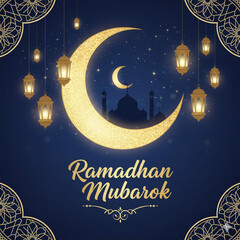 Elegant Ramadan Mubarak Greeting Card with Golden Crescent and Mosque