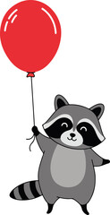 Obraz premium Cute Raccoon Holding Red Balloon Isolated on White Minimal Illustration Flat Design