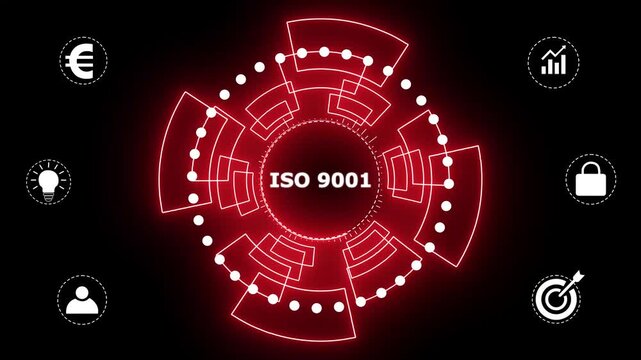 ISO 9001Business, technology, Internet and network concept. glowing animation on black background. 4k motion graphics video.