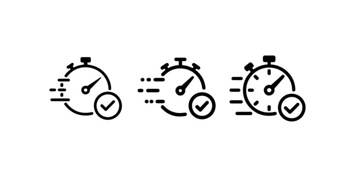 Speed time icon set, stopwatch with check mark sign, fast delivery, quick service, complete on time, vector illustration