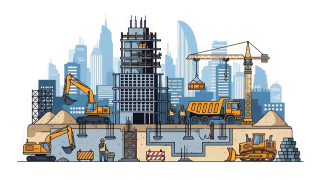Urban Construction Site Illustration: Building Foundation, Heavy Machinery, Crane, Excavator, and City Skyline Development Vector