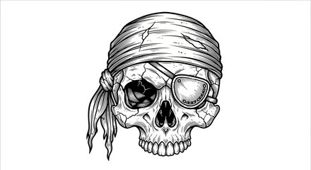 Obraz premium Pirate Skull with Eyepatch and Bandana, Black and White Illustration