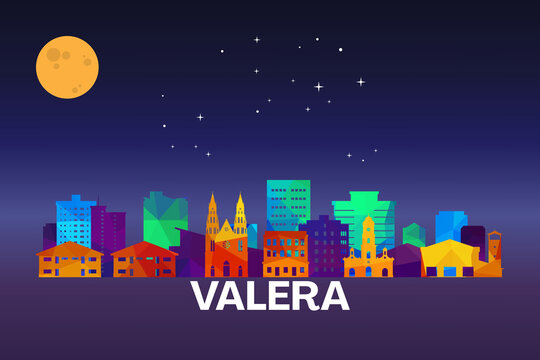 Colorful geometric illustration of Valera, Venezuela skyline at night with moon and stars above.