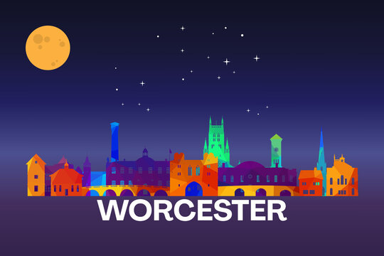 Colorful geometric illustration of Worcester, England skyline at night with moon and stars above.