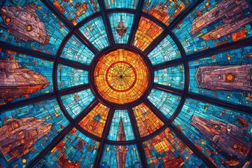 Stained Glass Spacecraft Mosaic in Vibrant Sci-Fi Design