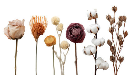 Dried Floral Collection on White Background - Minimalist Botanical Flat Lay