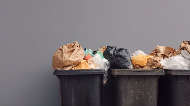 Three trash cans are piled up with garbage