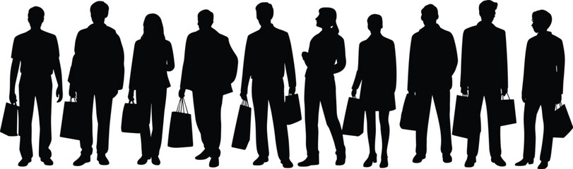 Business people silhouette collection, diverse men and women professionals standing with shopping bags isolated on white background vector illustration concept