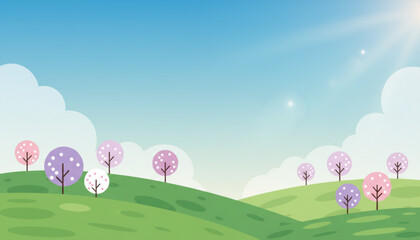Fototapeta premium Blooming trees on green hills under sunny blue sky