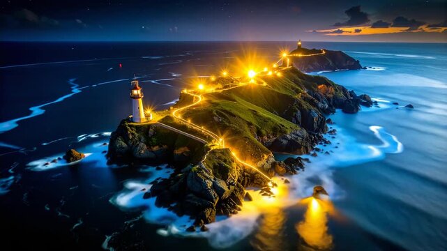 Coastal image of a path leading to lighthouses on a green island at dusk