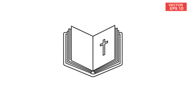 Open Bible Icon with Cross Symbol, Religious Symbol, Christian Faith, Vector Line Art
