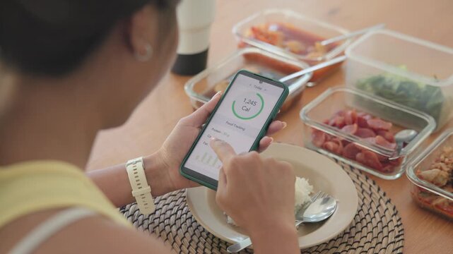 Young adult black asia people active gen z using AI phone record data daily meal tracker clean food diet app control. Asian Smart living care happy life goal routine plan lunch time home dining table.