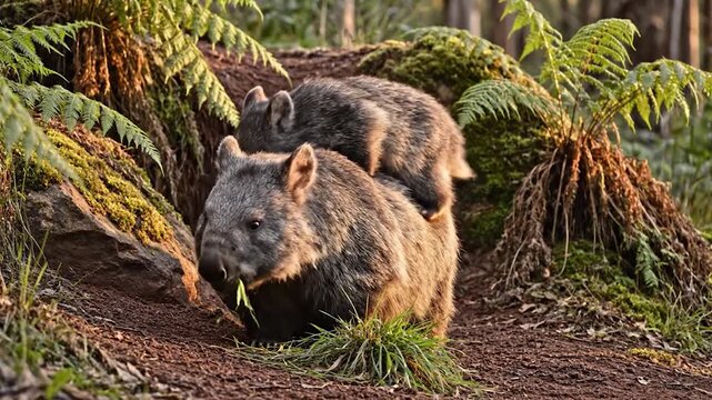 An adult wombat and its joey emerge from their burrow in a lush forest habitat.