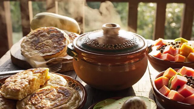 Steaming hot traditional meal served on a rustic wooden table.