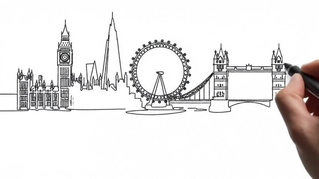 Cinematic motion London city skyline continuous black single line art illustration featuring iconic architectural landmarks and minimalist urban horizon in sleek modern style