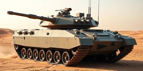 Naklejka premium Modern military tank, powerful armored vehicle, desert setting, power, land vehicle