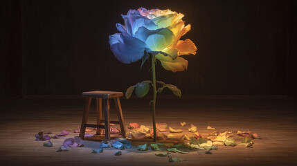 Glowing Rainbow Rose on Dark Stage