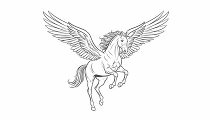 Obraz premium Mythical Pegasus Horse with Majestic Wings Flying, Line Art Illustration