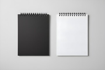 Minimalist Black and White Spiral Notebooks Mockup on Clean Light Gray Background with Soft Studio Lighting