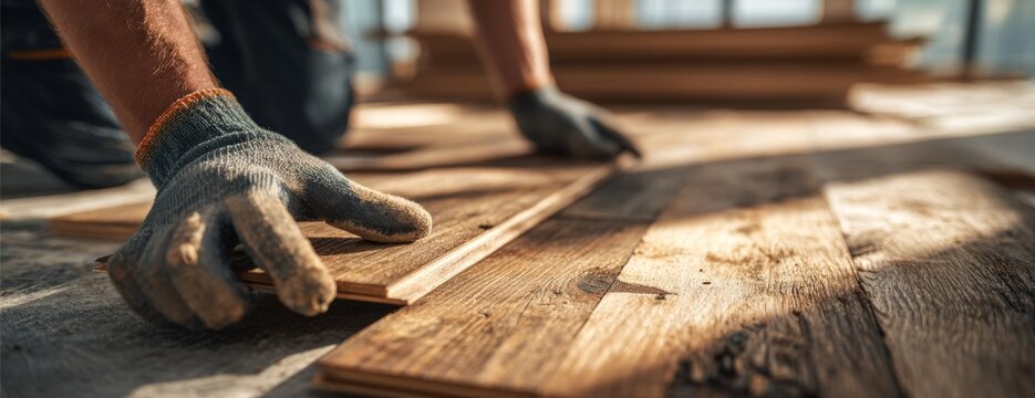 Worker laying wooden flooring indoors with gloves on hands  