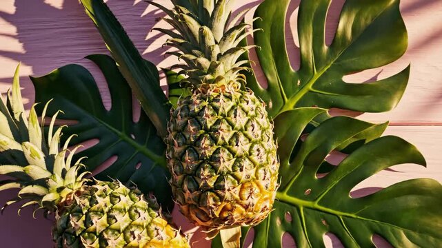 Tropical Pineapple Arrangement with Monstera Leaves and Sunlight.