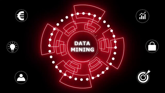 Data mining Business, technology, Internet and network concept. glowing animation on black background. 4k motion graphics video.