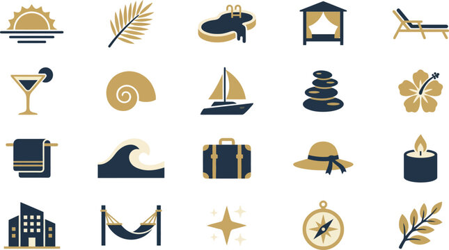 A collection of luxurious vacation and tropical resort icons presented in gold and navy blue.