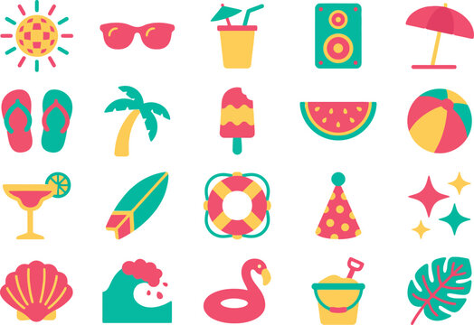 Colorful flat icons collection representing various summer vacation activities and beach essentials