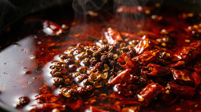 Extreme macro close-up of mala chili oil surface