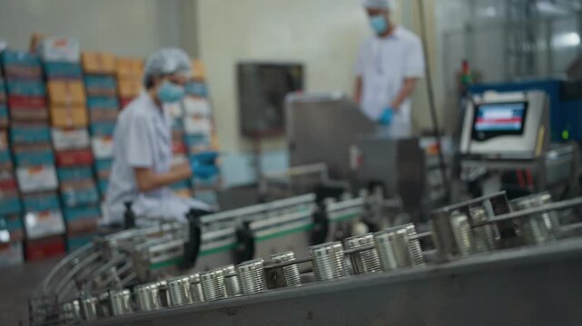 Canned food manufacturing industry, canned products moving rapidly along an automated conveyor machine on the production line