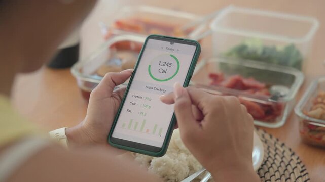Young adult black asia people active gen z using AI phone record data daily meal tracker clean food diet app control. Asian Smart living care happy life goal routine plan lunch time home dining table.