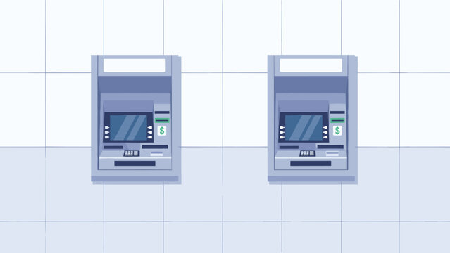 Two identical automated teller machines installed side by side on a tiled wall in a bank or public area for transactions.