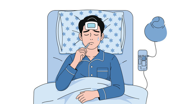 Sick man lying in bed with a thermometer in his mouth and a cooling patch on his forehead feeling unwell with a fever.