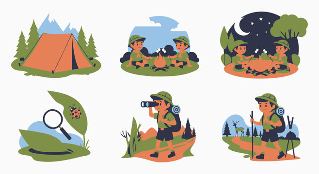 Scouts camping in nature, roasting marshmallows and exploring outdoors