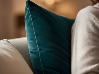 벨벳 질감의 딥 그린 쿠션 클로즈업 (Close-up of Deep Green Velvet Cushion)