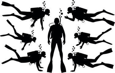 Scuba Divers Underwater Outline Set Ocean Exploration Line Art Collection © Rafad_Studio