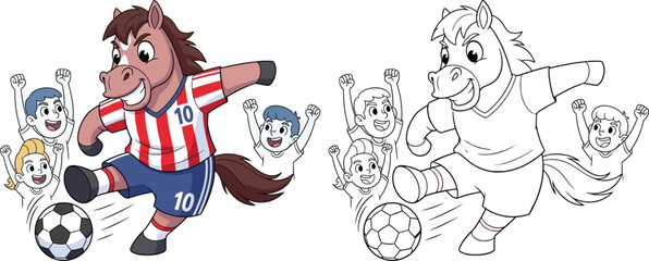 Fototapeta premium Energetic Cartoon Horse Playing Soccer with Cheering Kids Coloring Page