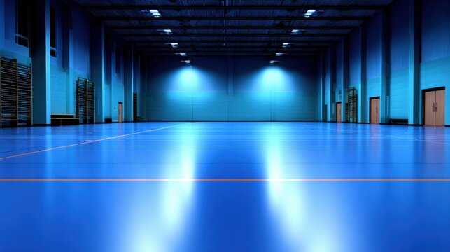 A spacious indoor sports hall with a polished blue floor and vibrant lighting along the walls
