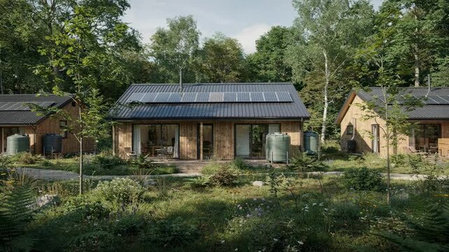 Clear medium shot highlighting rewilded landscaping with native plants around a woodland lodge complex featuring solar panels and rainwater tanks in precise focus.