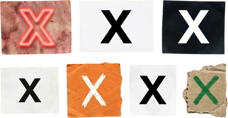Fototapeta premium Collection of diverse letter X symbols including neon printed drawn and painted styles on various textured papers and cardboards alphabet typography mark sign graphic transparent background