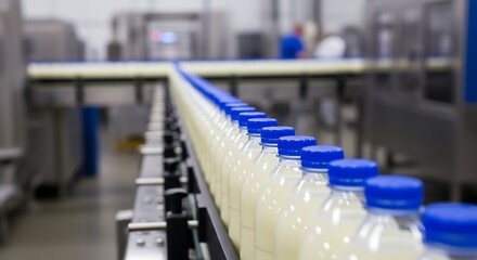 Milk Bottles with Blue Caps Moving on a Conveyor Belt in a Modern Dairy Food Processing Plant
