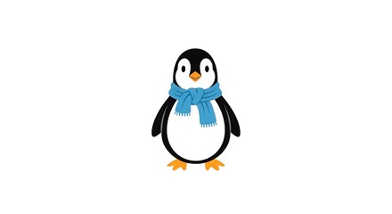 Fototapeta premium A cute cartoon penguin with a blue scarf standing on a white background, perfect for winter themes.