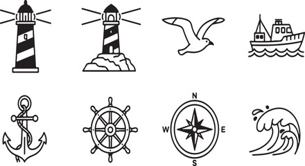 Collection of nautical symbols and icons representing maritime themes and navigation. Vector © Nur