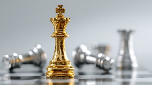 Golden chess king standing triumphant over fallen silver pieces symbolizing victory and strategy